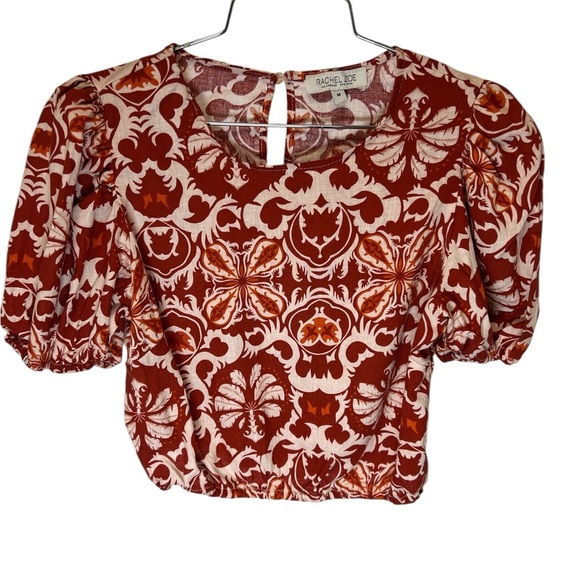 Rachel Zoe Women’s Round Neck Peasant Top Cropped Floral Linen Blend Size M - Picture 1 of 3